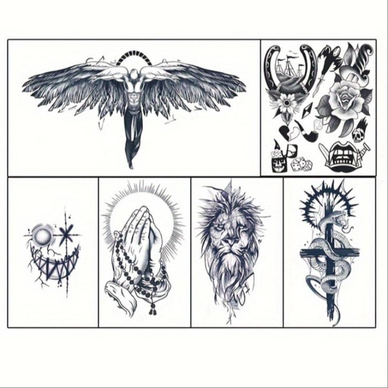Angel & Lion & Cross & Flower Pattern Temporary Tattoo Sticker, 6 Counts/set Waterproof Long Lasting Fake Tattoo Sticker for Gift, Body Fake Tattoos, Body Art Sticker for Adults