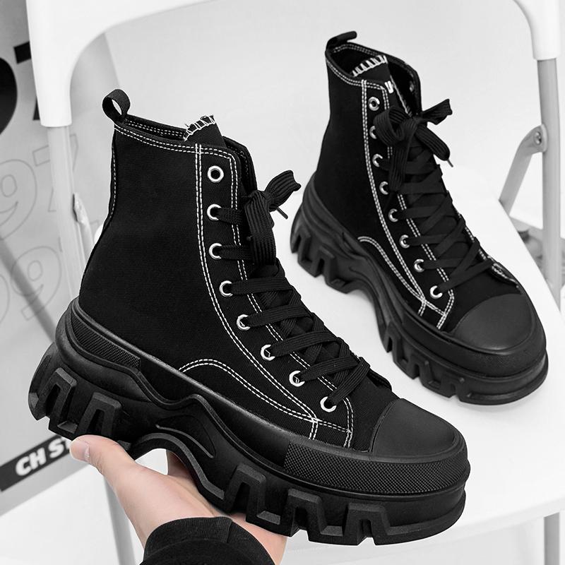 SLNU3 Brand Unisex Thick-Soled Height-Increasing High-Top Casual Sports Shoes with Fabric Upper in Black, Plus Size for Women's Casual Wear