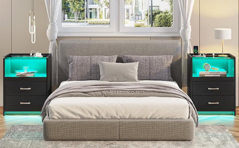 Sikaic LED Nightstand With Charging Station Drawers Modern End Table Bedside Cabinet