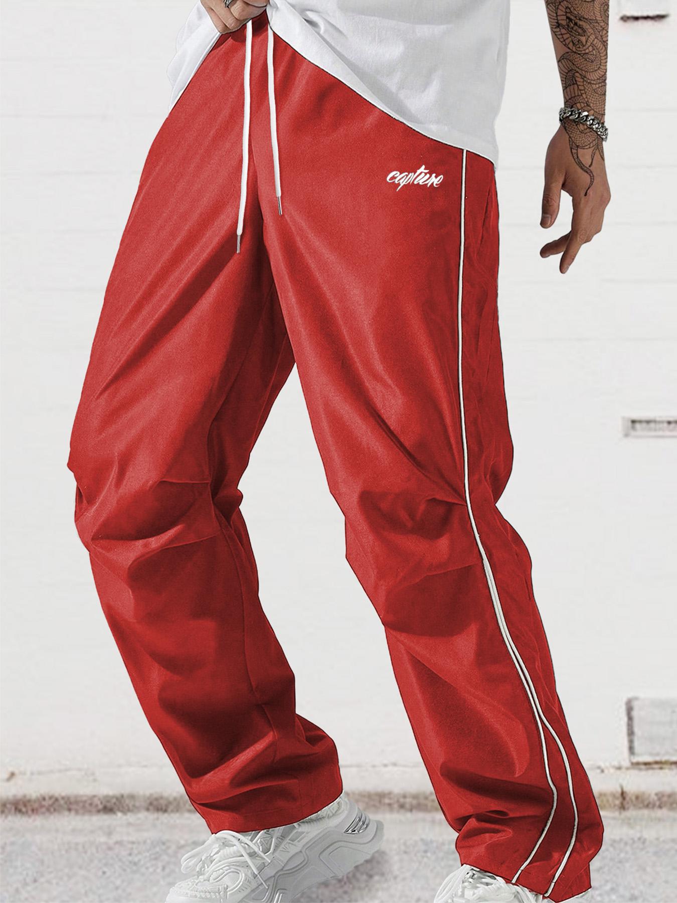 Men's Letter Print Drawstring Waist Athletic Pants, Casual Comfy Contrast Binding Pocket Straight Leg Trousers for Daily Wear, Unisex Workout Bottoms for All Seasons