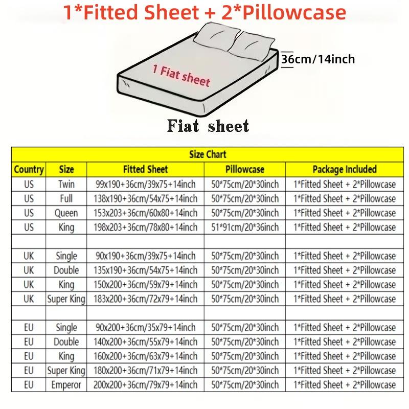 3pcs Fitted Sheet Set (1 Fitted Sheet + 2 Pillowcases, Pillow Core Not Included), Home Dormitory High-Definition Printed Black Pattern Fitted Sheet