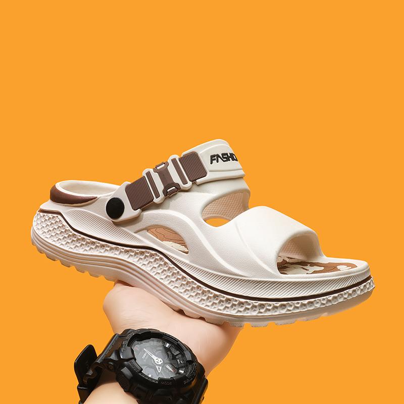 Men's Outdoor Beach Slippers, Thick Sole Height Increase Anti-Slip Eva Cushioning, One-Click Comfort Trendy Home Wear