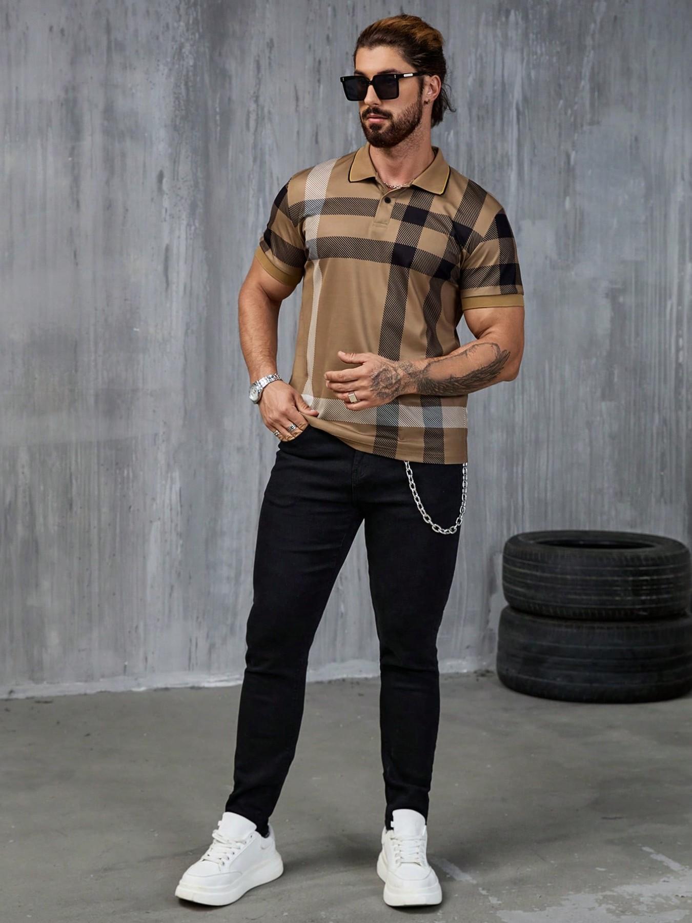 Vintage Plaid Polo Shirt Men Khaki Checkered Short Sleeve Tees Old Money Aesthetic Classic Casual Streetwear Muscle Fit Summer Daily Date Night Outfits