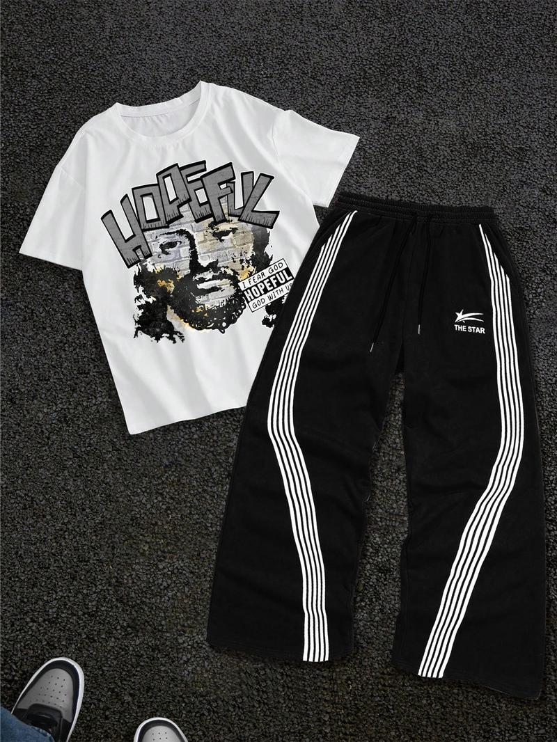 Men's Letter Print Short Sleeve Graphic Tee & Side Stripe Drawstring Waist Pants Two-piece Set, Regular Fit Round Neck T-shirt & Pocket Trousers, Casual Fashion Cozy Breathable Men Outfits for Spring & Fall