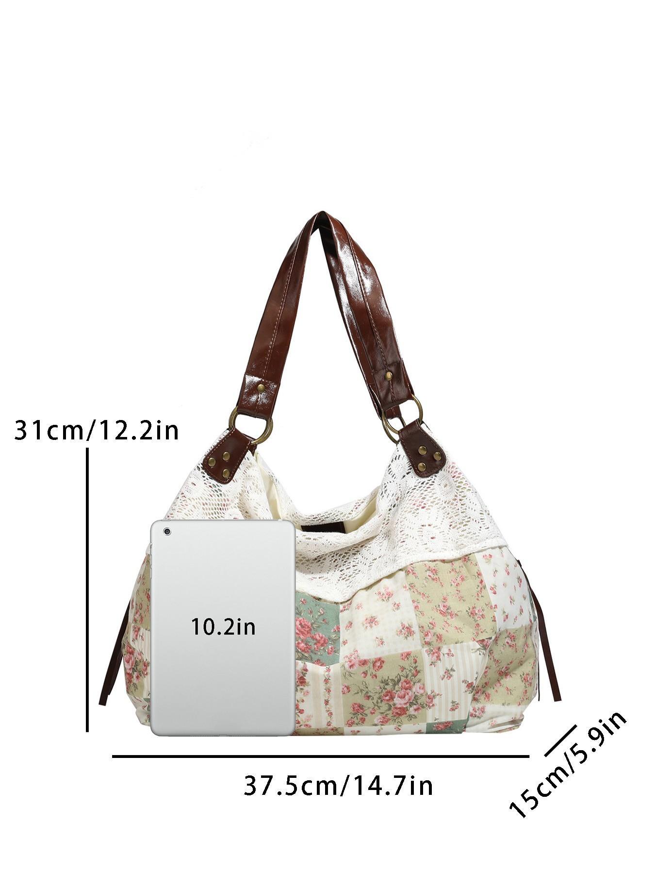 Women's Vintage Floral Patch Lace Patchwork Underarm Tote Bag, Faux Leather Large-Capacity Retro Purse for Commute, Shopping, Ideal Holiday Gift for Ladies, Daily Use