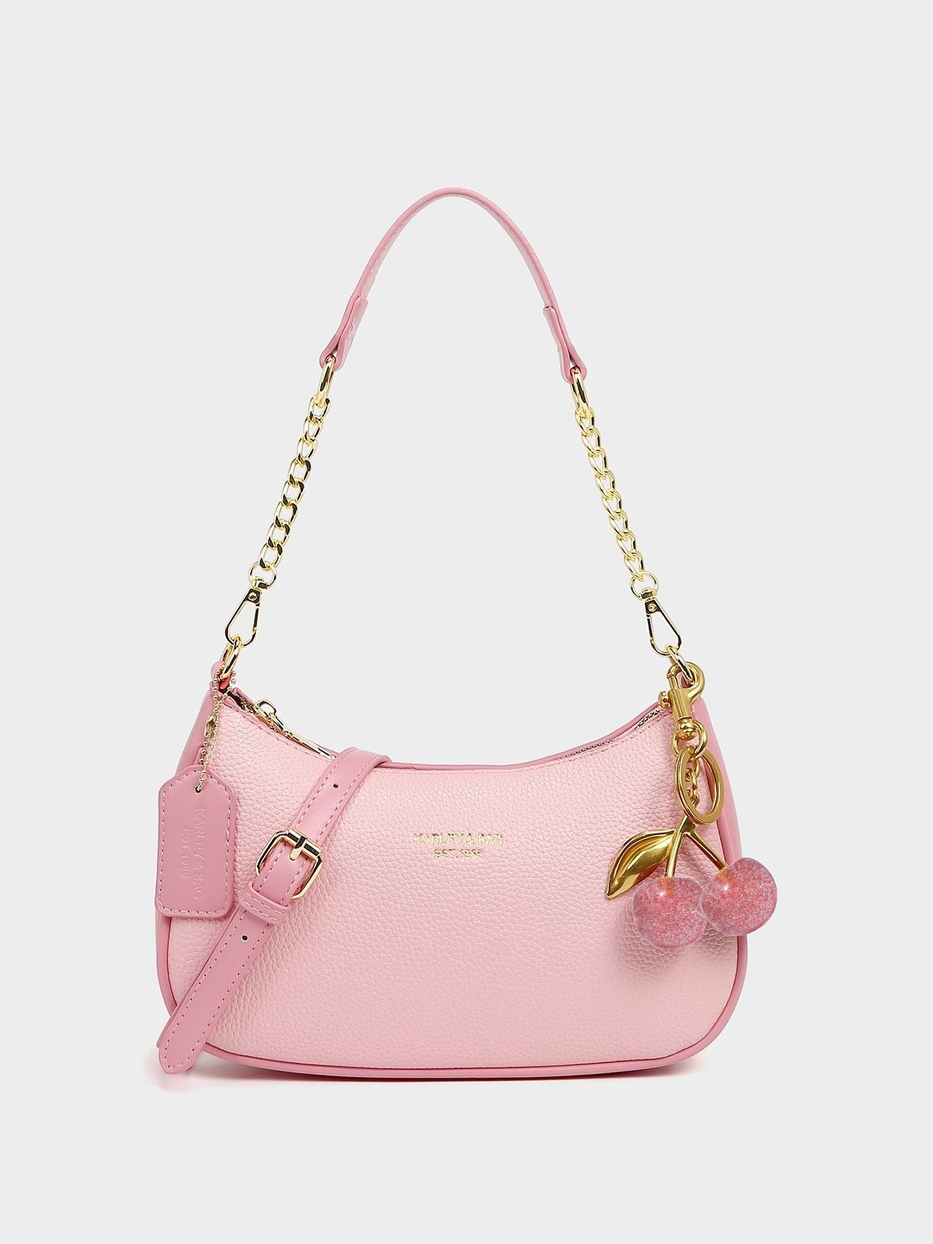 Autumn Winter Vintage Fashion Elegant Letter Pattern Shoulder Bag, Crescent Moon Crossbody Bag with Chain Strap, Cherry Pendant Decor, Handbag Shoulder Bag