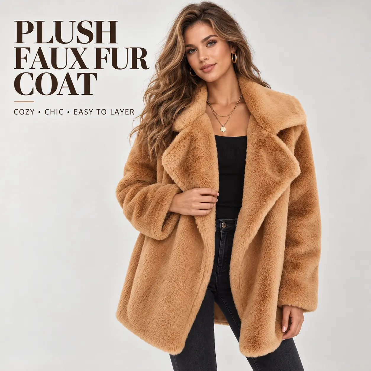 Women’s Faux Fur Coat, Soft Plush Winter Jacket with Oversized Lapel, Open Front Long Sleeve Teddy Outerwear, Relaxed Fit Warm Fashion Coat for Fall Winter, Casual Streetwear, Party, Date Night & Holiday Gift, Sizes S-3XL, Trendy Cold Weather Outfit.