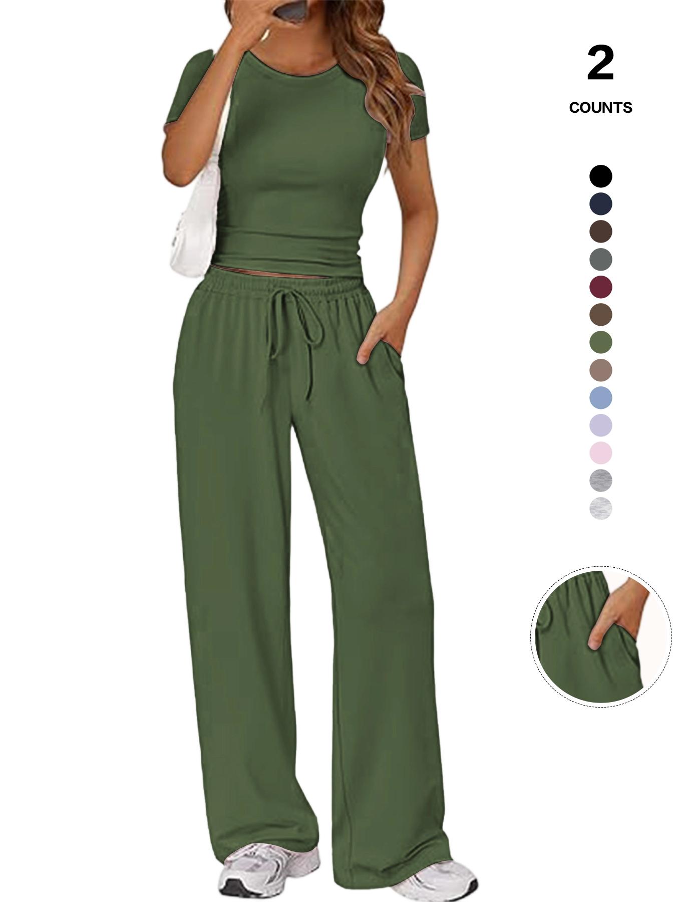 Women's Spring Summer Casual Set, Round Neck Short Sleeve Top & Wide Leg Pants, Slim Fit Home Wear, 2 Piece Comfortable