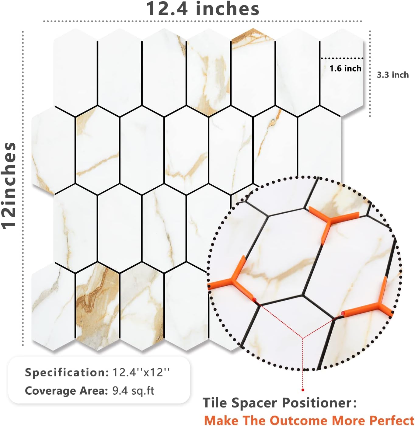 Vamos Tile Long Hexagon Peel and Stick Backsplash Tile - 10 Sheets Stick on Backsplash for Kitchen and Bathroom 12.4 x 12 Inch Calacatta Gold PVC Self Adhesive Mosaic Wall Tiles
