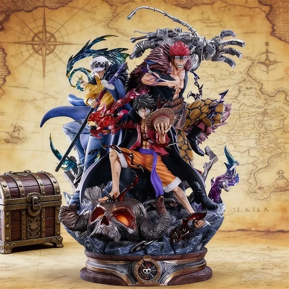 One Piece Supernova Trio Figure, Luffy / Law / Kid Three Captains Statue，Onigashima Captains Collectible Statue, With Special Effects Base，Three Captains Anime Figure, Collectible Set for Fans & Display，With Skull Base and Full Aura Details