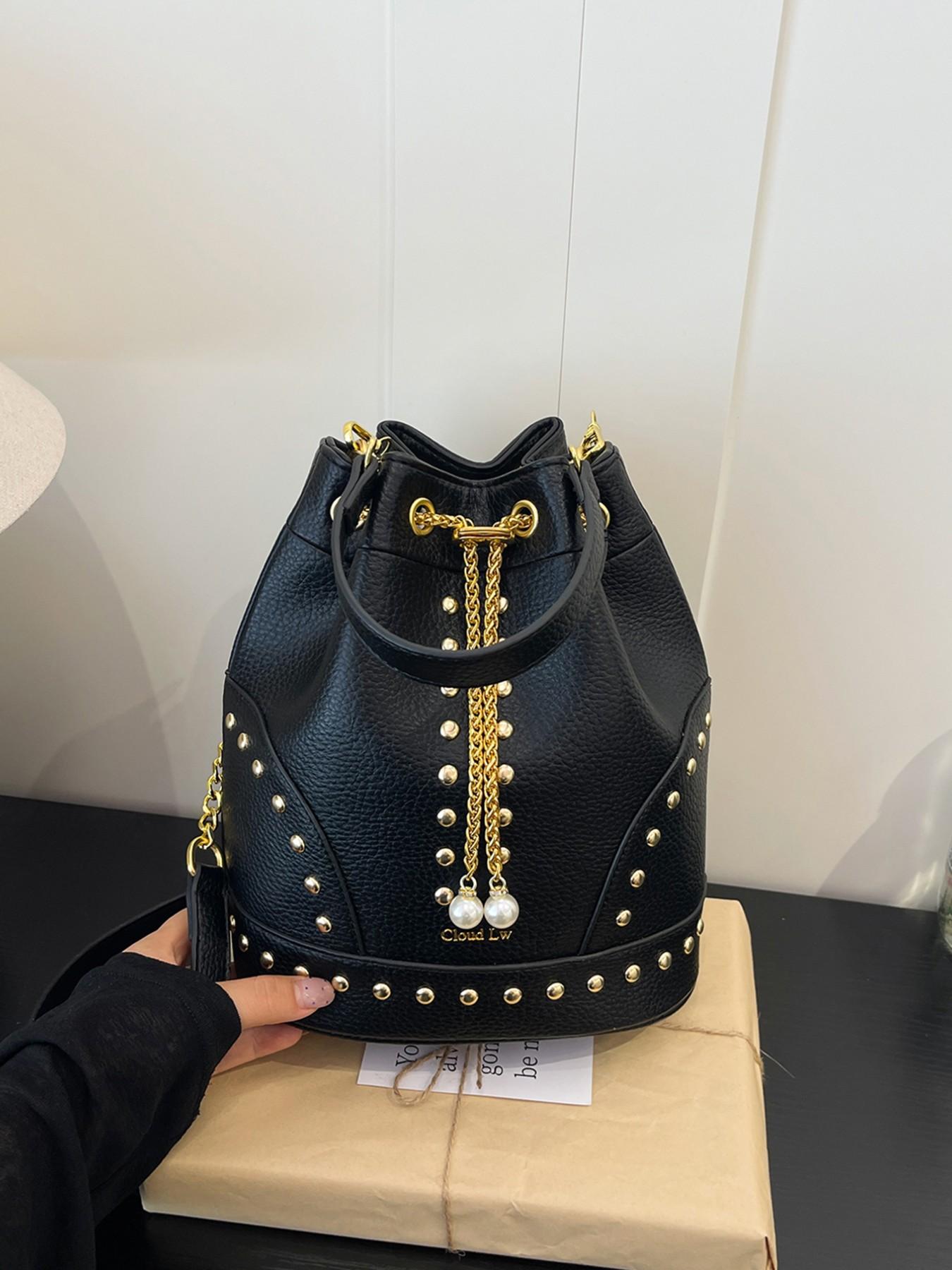 High-Quality Leopard Texture Rivet Drawstring Bucket Bag, Vintage Luxury Pearl Chain Shoulder Crossbody Bag, Women's Mini Storage Bag, Faux Leather Crossbody, Stylish Chain Bag