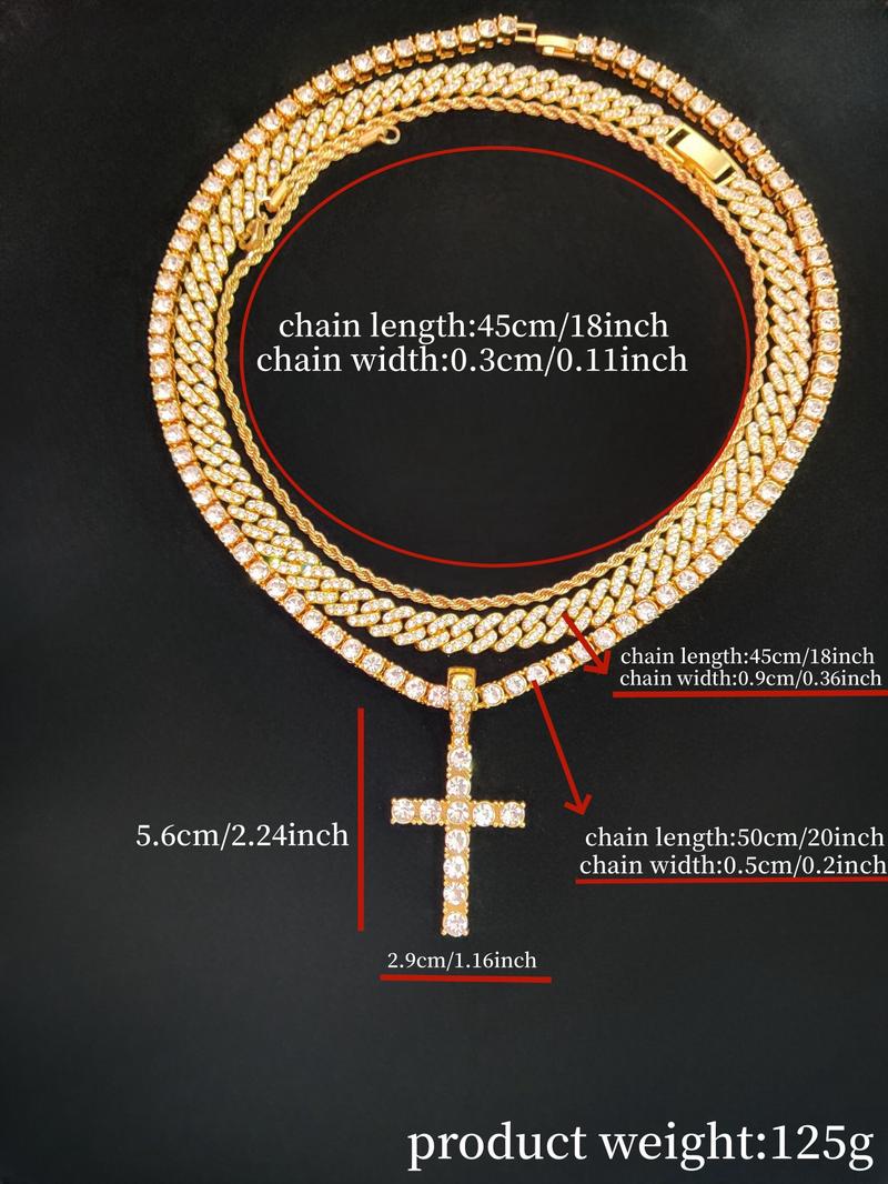 Summer Rhinestone Decor Cuban Link Chain Necklace & Cross Charm Necklace for Men & Women, Punk Style Exquisite Trendy Hip Hop Iced Out Jewelry As Gift