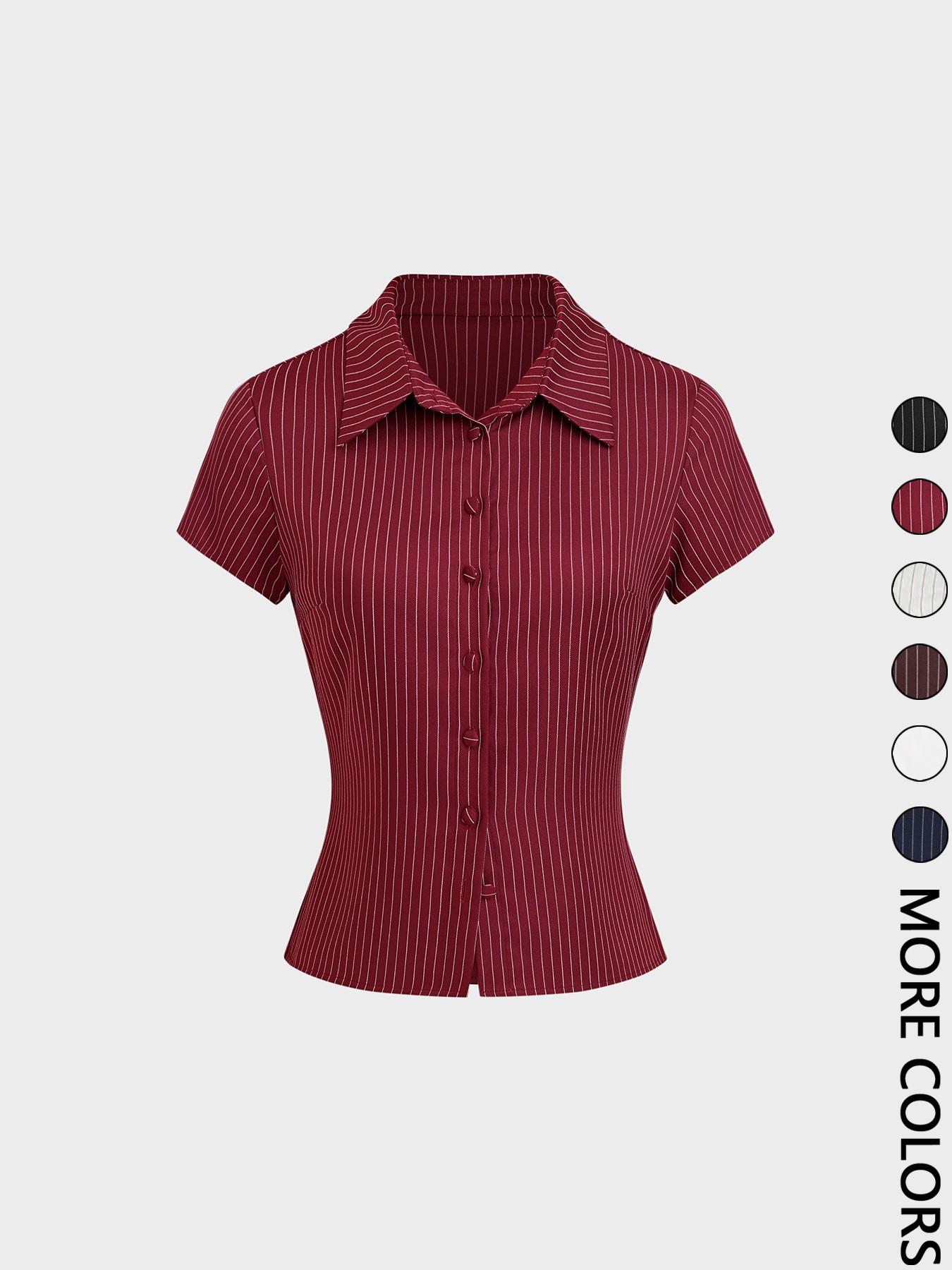 Women's Plain / Striped Print Button  Shirt, Casual Slim-fitting Short Sleeve Collared Top for Daily Wear, Ladies Clothes for All Seasons