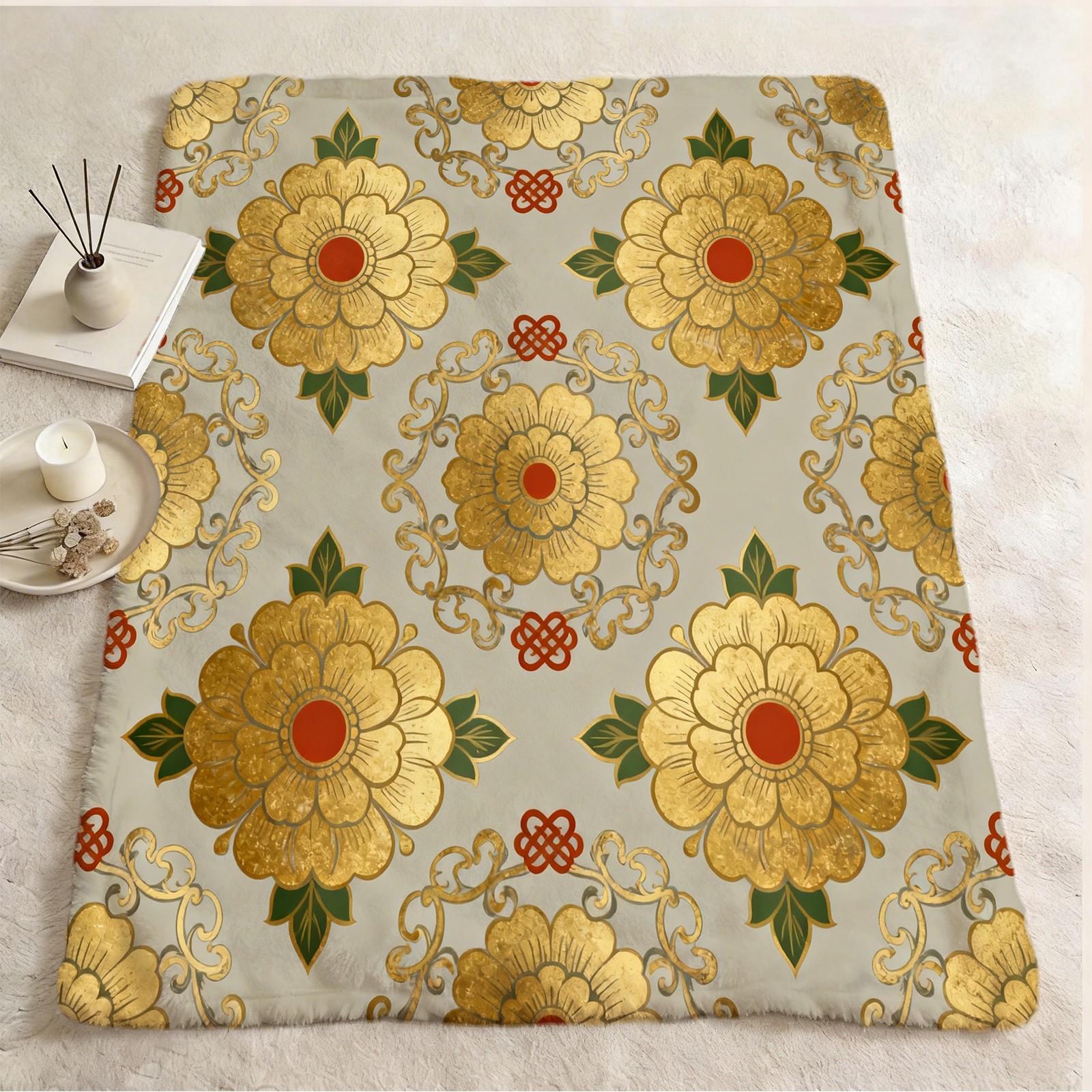 1 Pack Vintage Floral Pattern Flannel Blanket, HD Digital Single-Sided Print Ultra Soft Plush Throw Blanket, Warm Cozy Multipurpose Blanket for Couch, Bed and Travel, Ideal All-Season Gift Blanket