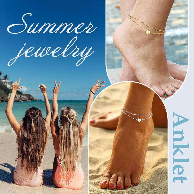 FindChic Initial Heart Anklet A-Z 26 Letter Ankle Jewelry Double-Layered Anklet Golden Stainless Steel Ankle Bracelet Foot Jewelry For Women Girlfriend