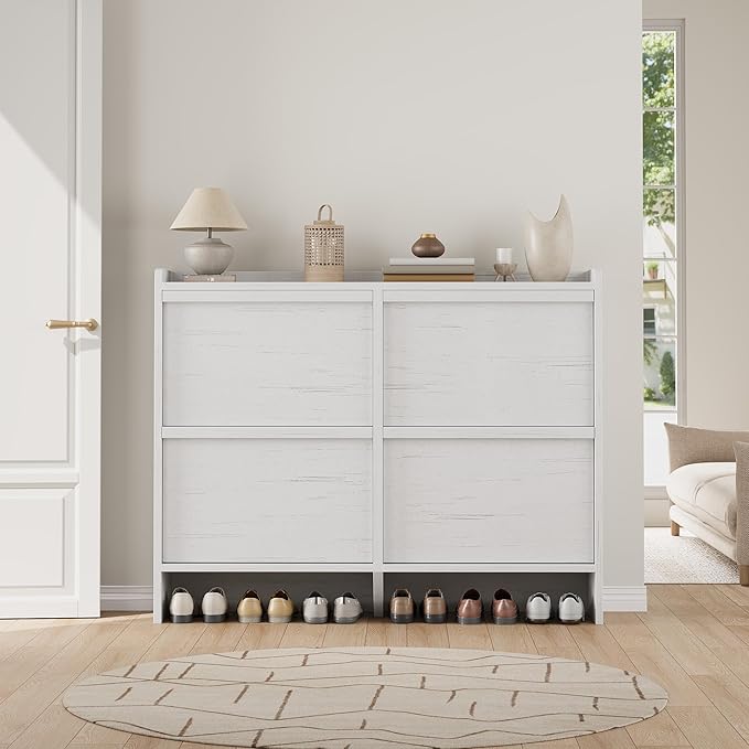 Shoe Cabinet with 4 Flip Drawers Wooden Shoe Organizer Cabinet with Adjustable Shelf Shoe Storage for Entryway Hidden Shoe Cabinet for Hallway, Living Room