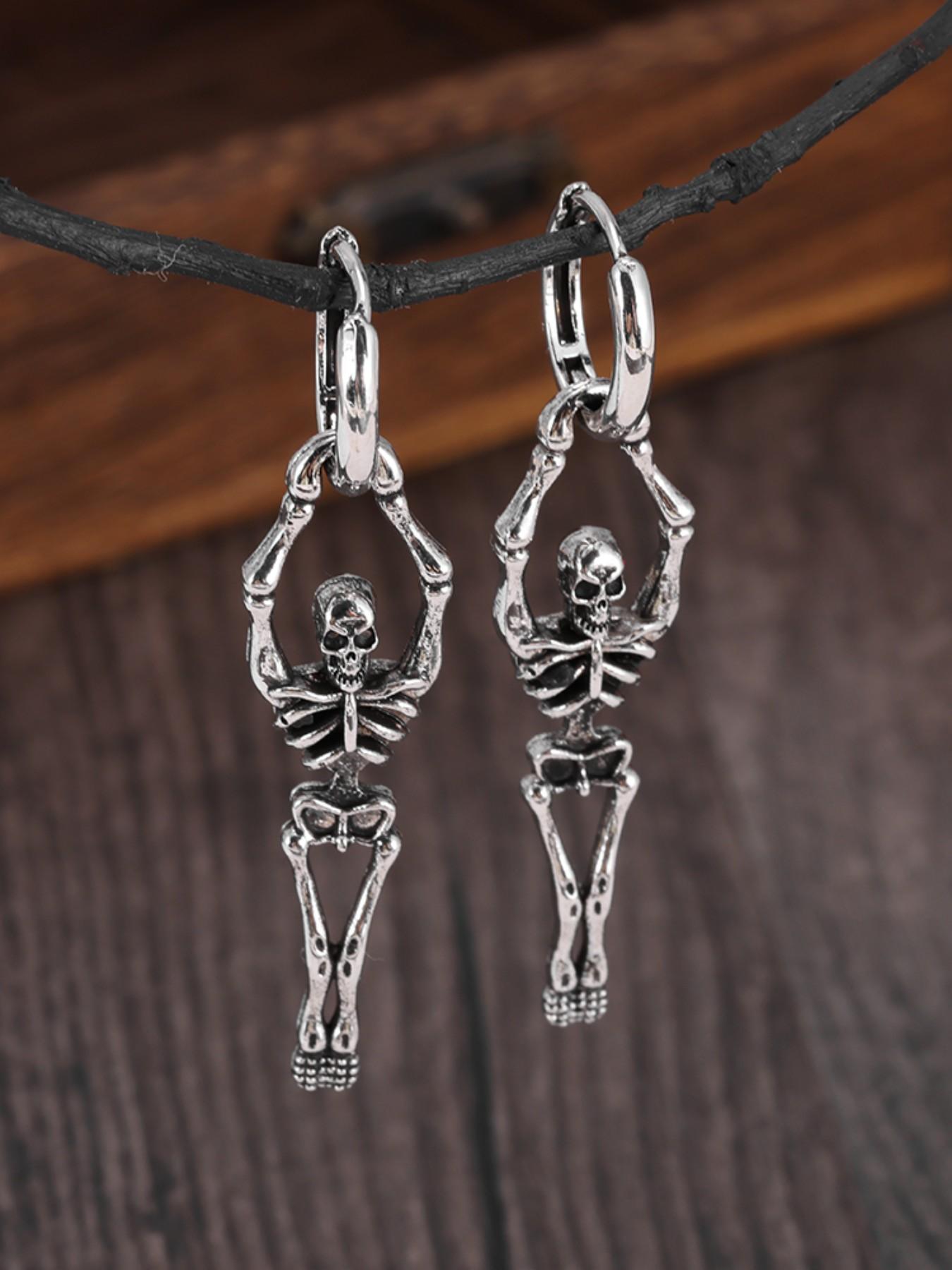 Dark Punk Skull Earrings, Vintage Style Hoop Studs, Streetwear Accessory, Party Jewelry, Unique Gift for Friends