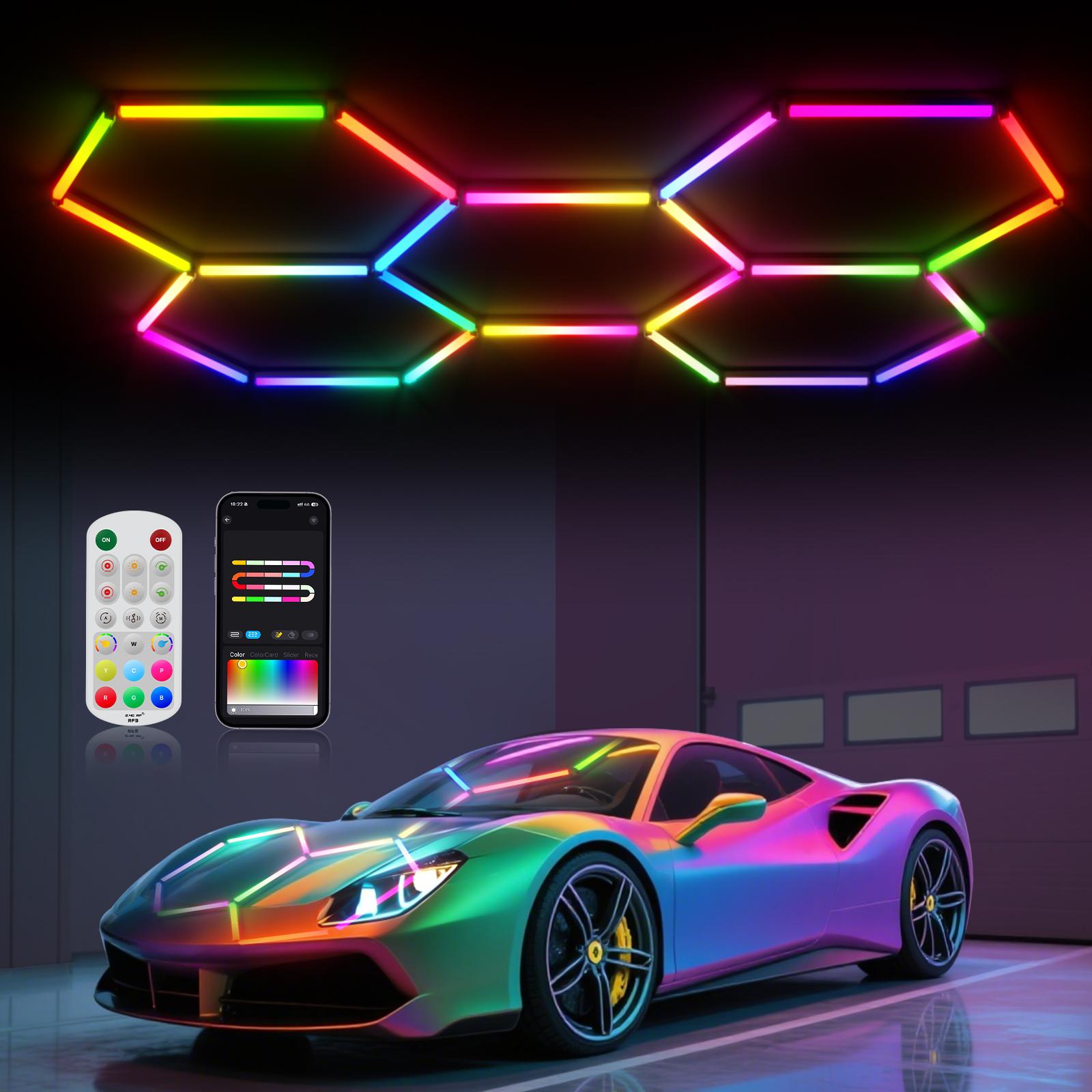 HYPERLITE RGB hexagonal light smart modular honeycomb light application, party office, garage light, LED wall decorative light, remote control, LED light, music synchronization, DIY color ceiling light Adjustable Lighting Options, SpringGlowUp