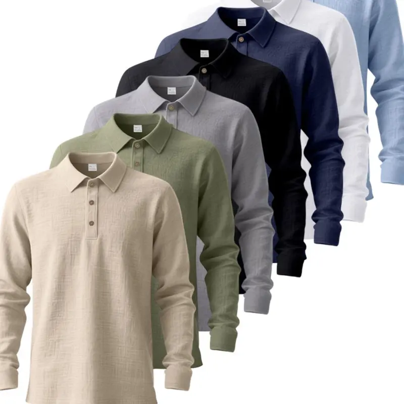 Men's 7-Piece Lightweight Linen Long Sleeve Polo Shirts, Half-Zipper Button Design, Breathable Comfort, Ideal for Beach, Outdoor, Family Gatherings