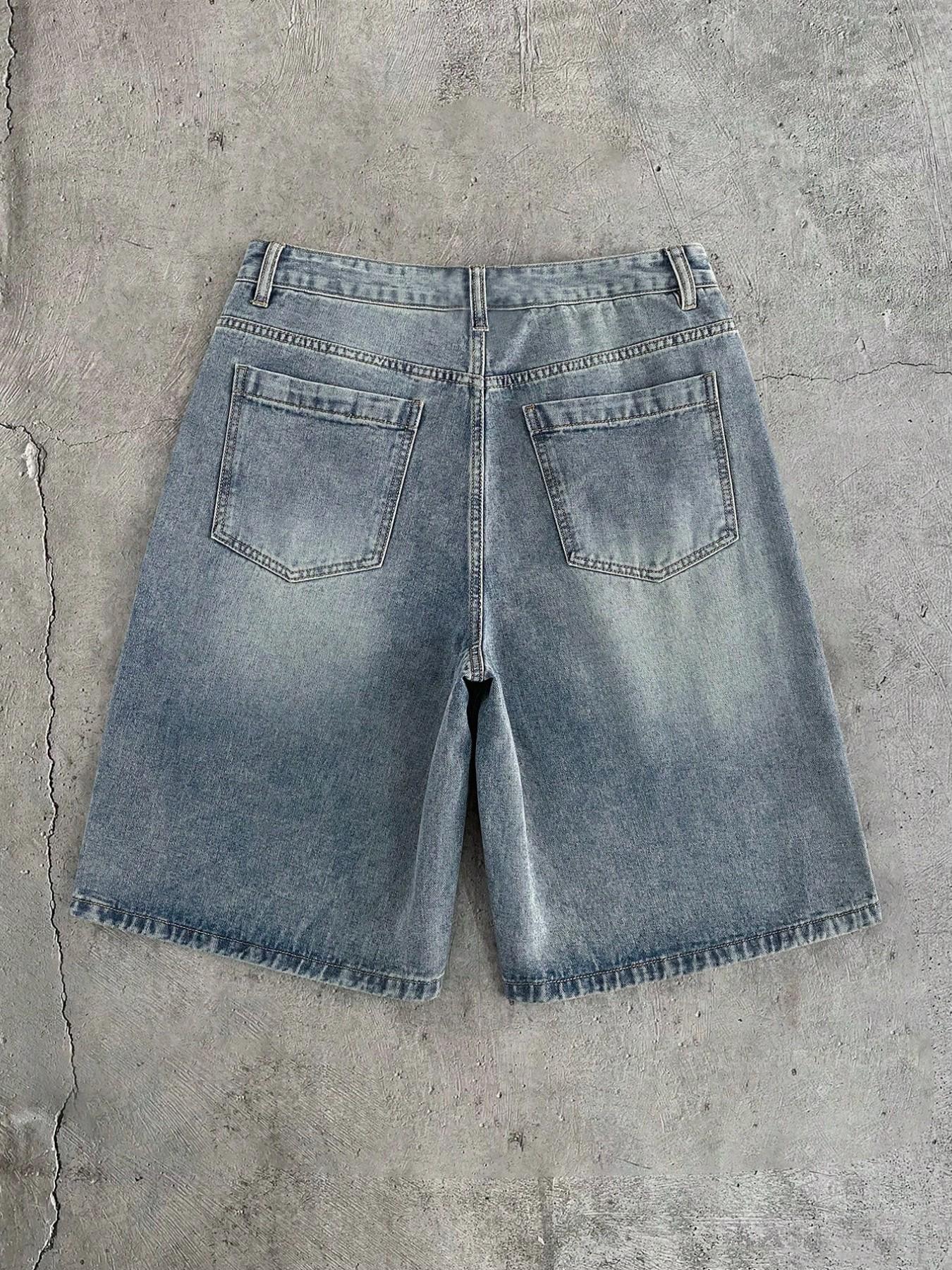 American Style Statue of Liberty Print Summer Retro Denim Jeans Shorts, Men's Versatile Casual Loose Fit Straight Leg Shorts, Light Blue Streetwear Fashion, Vintage Menswear