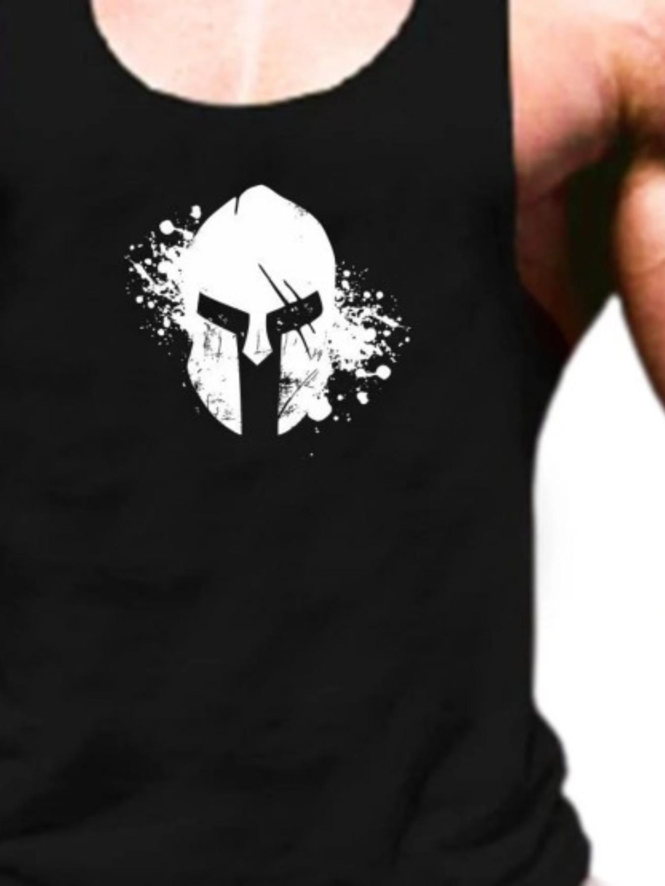 Men's Sporty Loose-Fitting Graphic Fitness Tank Top, Spartan Helmet Design, Sleeveless Training Shirt, All-Season Muscle Building Wear