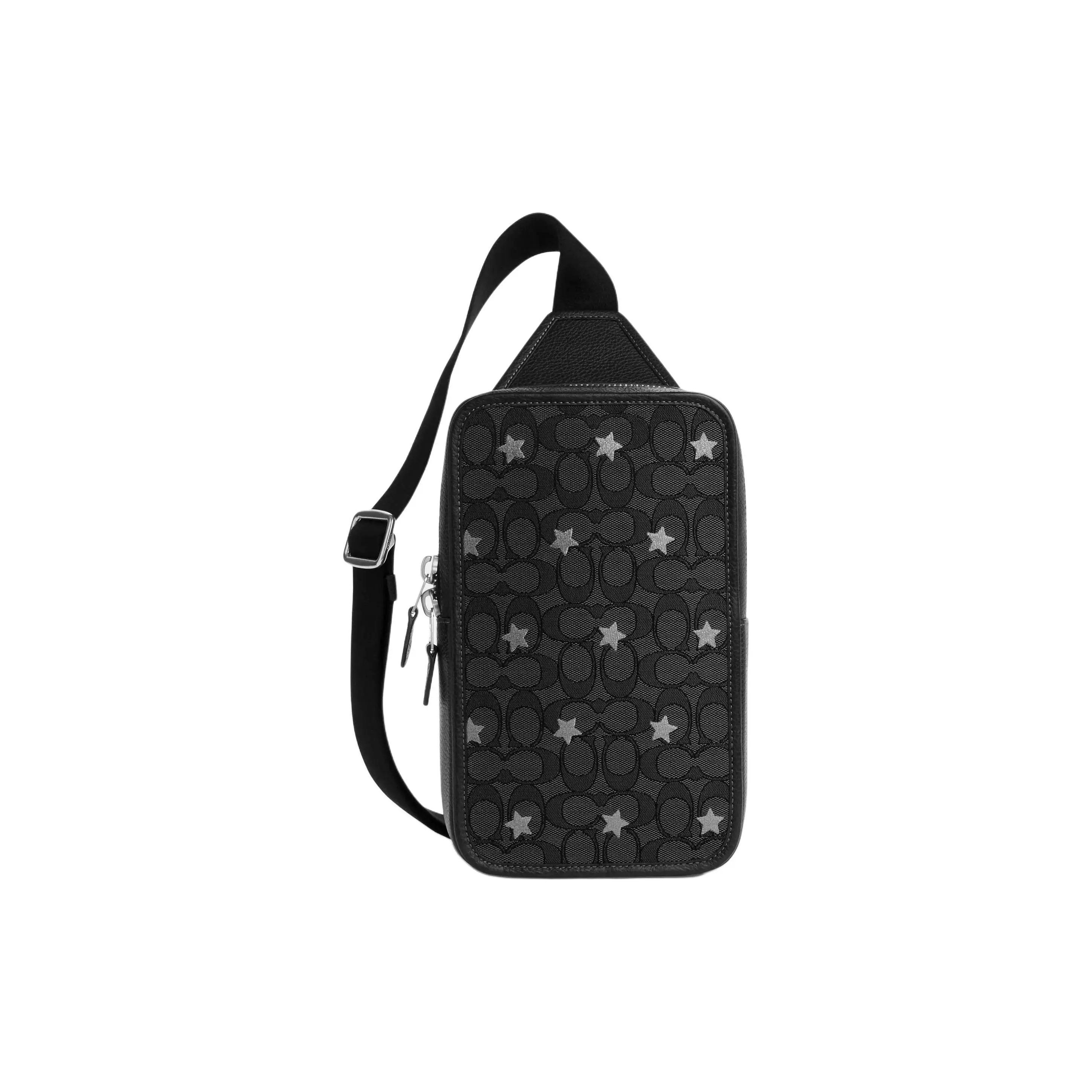 COACH Sullivan Pack Small Crossbody Bag for Men – Star-Embroidered Jacquard with Pebbled Leather in Silver, Charcoal, and Black