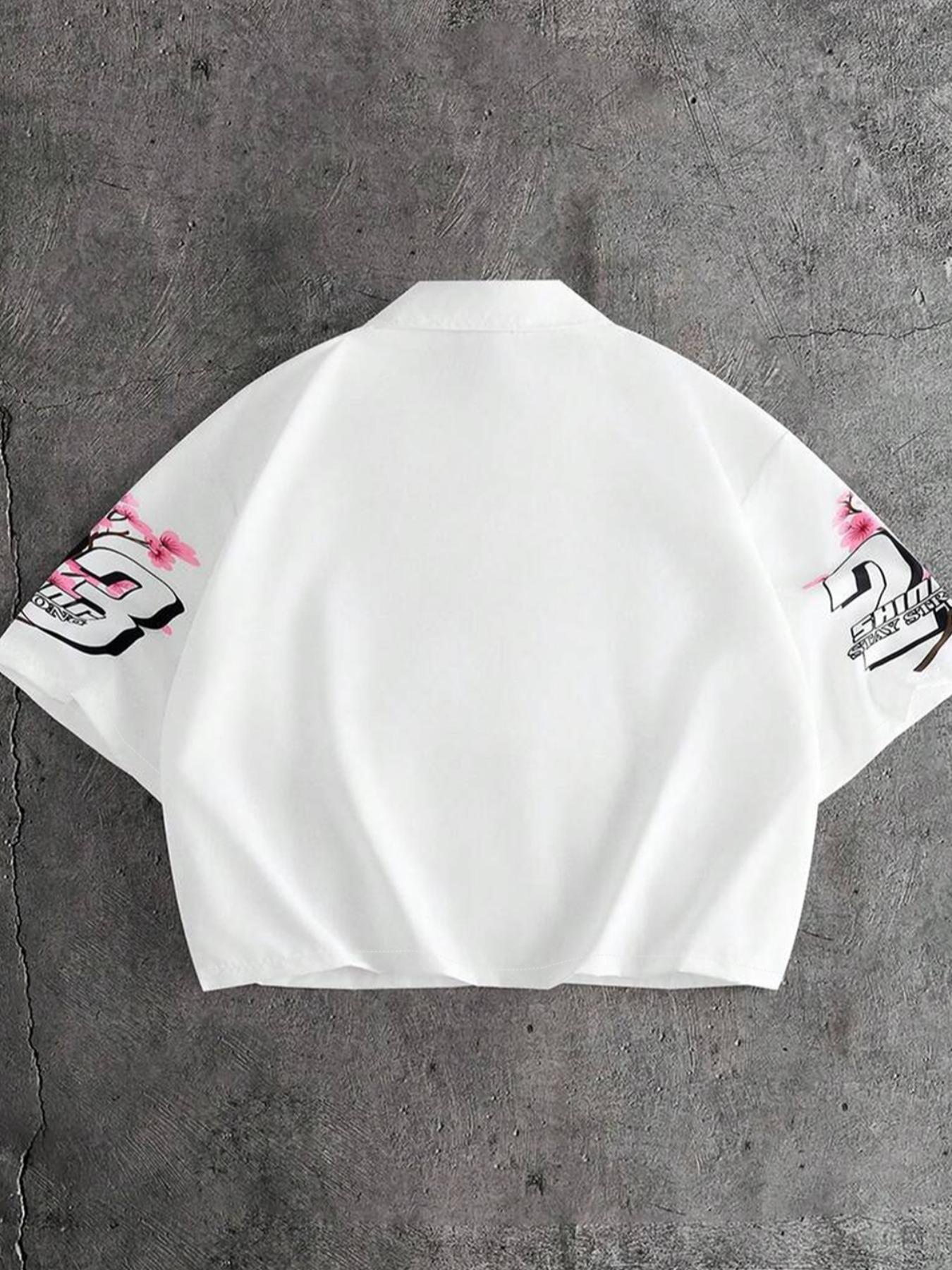 Men's White Lapel Short Sleeve Button Shirt, Casual Collared Shirt, California 23 Pink Cherry Blossom Slogan Star Letter Graphic Print, Loose Oversized Fit, Light Wrinkle Resistant Woven Fabric, Y2K Floral Hip Hop Casual Top