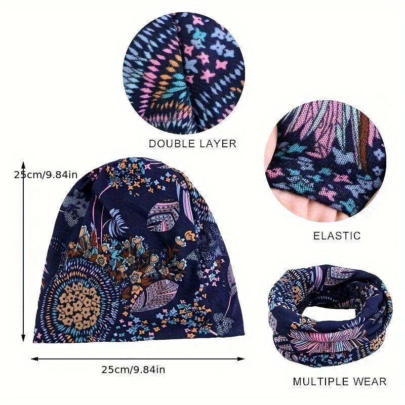 Women's 4-Piece Decorative Knit Fabric Head Covering Hats Set - Bohemian Floral Printed, Brimless, Elastic, Lightweight Multifunctional Fall Winter Warm Headscarf Neck Cover for Chemotherapy Patients