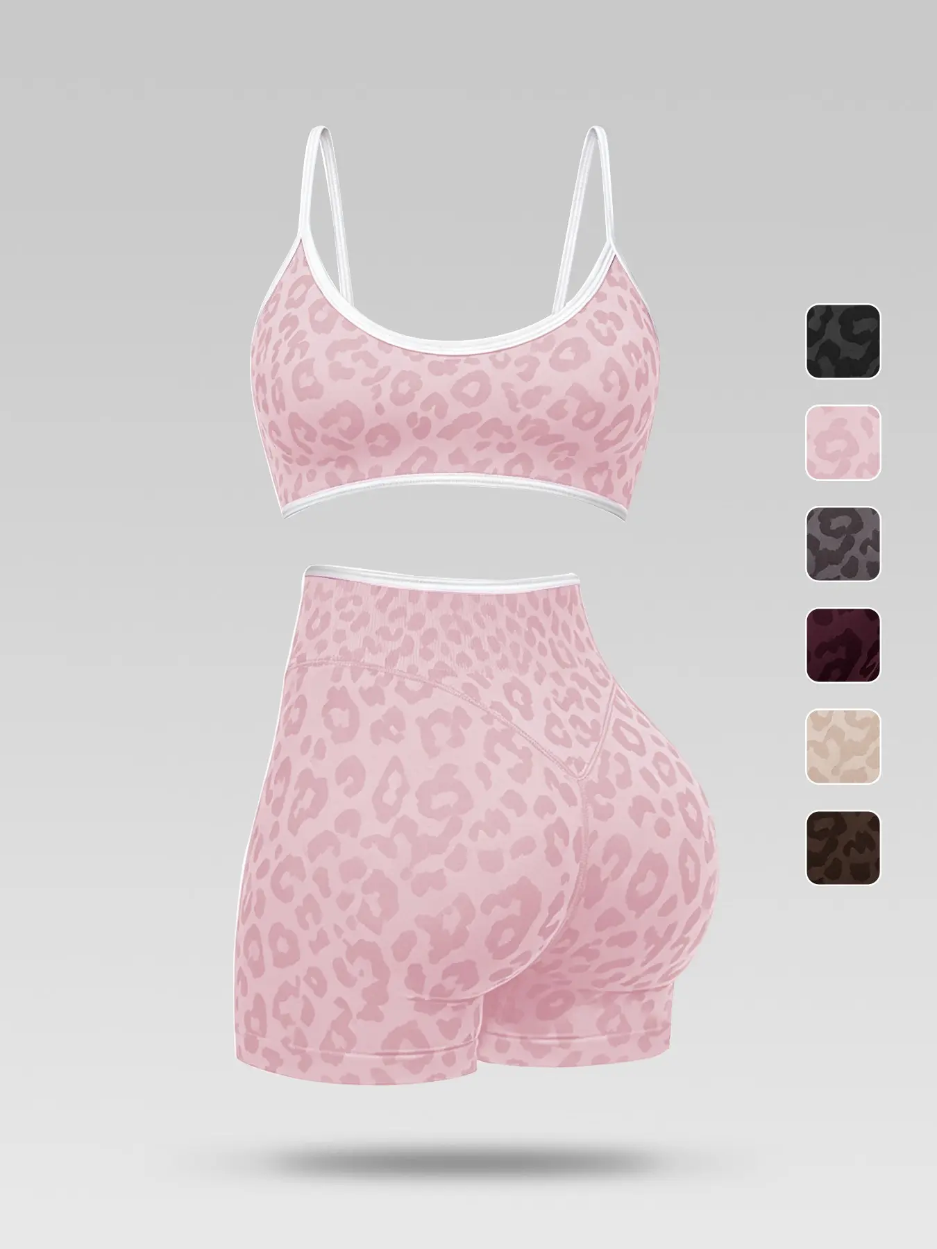 Women's Leopard Print Color-Block Seamless Bra and Shorts 2-Piece Activewear Set, Spaghetti-Strap Adjustable Cami Bra & High-Stretch Butt-Lifting Shorts, Moisture-Wicking Breathable Knit with Removable Pads