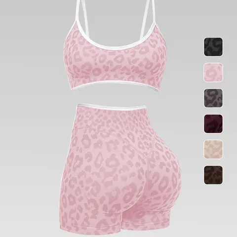 Women's Leopard Print Color-Block Seamless Bra and Shorts 2-Piece Set, Workout Exercise Clothing, Spaghetti-Strap Adjustable Cami Bra & High-Stretch Butt-Lifting Shorts, Moisture-Wicking Breathable Knit with Removable Pads