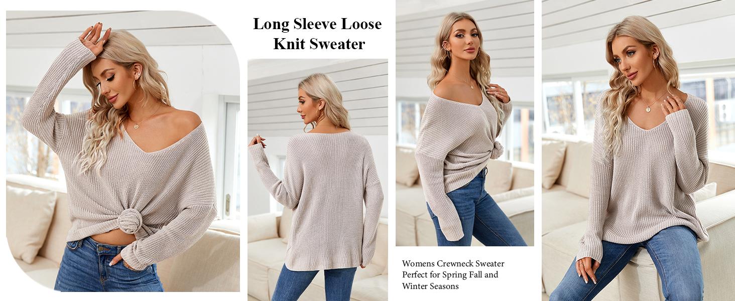 Women's Oversized Pullover Sweater V Neck Long Sleeve Knit Loose Jumper Tops