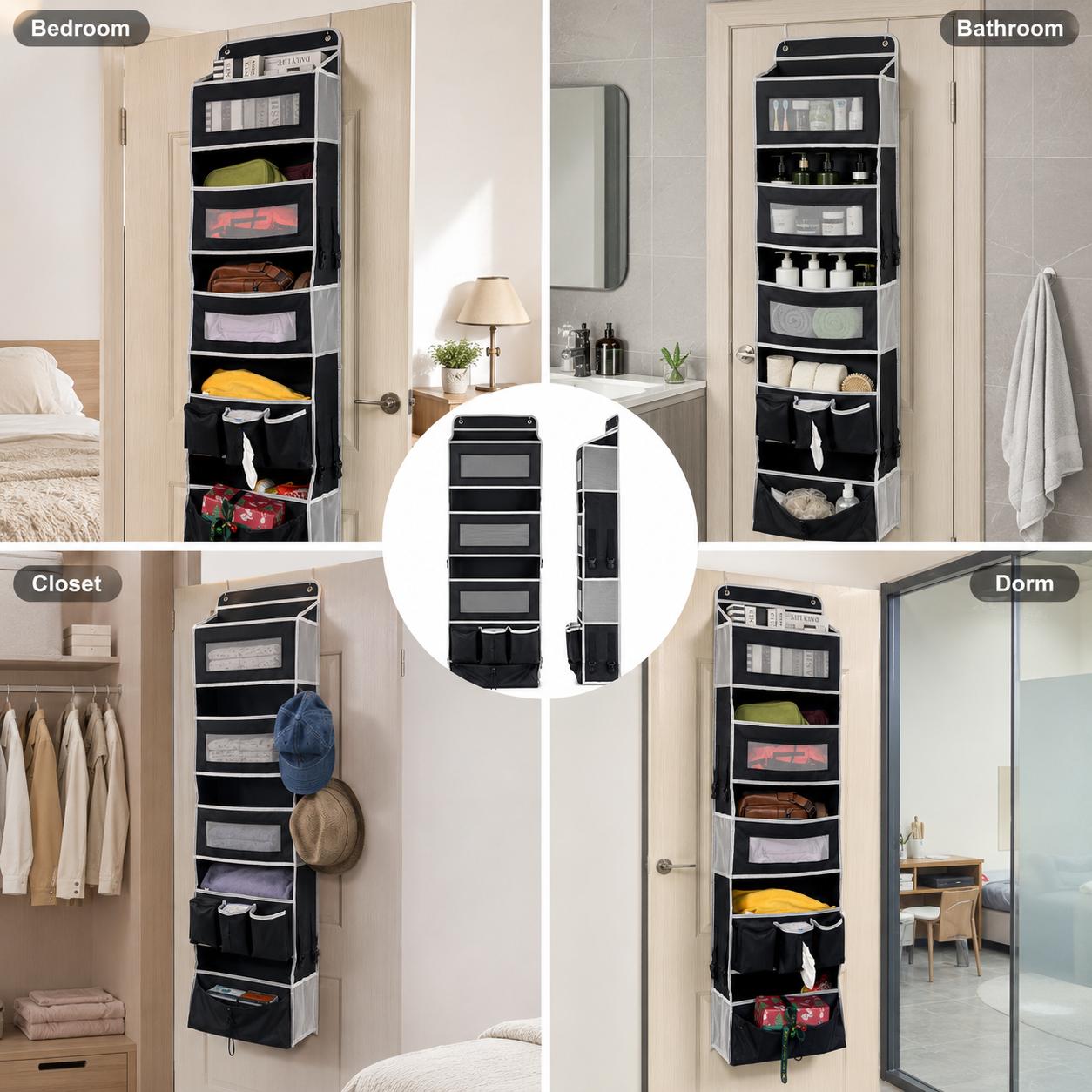 1 Pack Over The Door Organizer Storage Hanging Organizer Closet with 5 Large Pockets 6 Mesh Pockets 50 lbs Weight Capacity Behind Door Storage for Closet Nursery Bedroom Bathroom (Black)