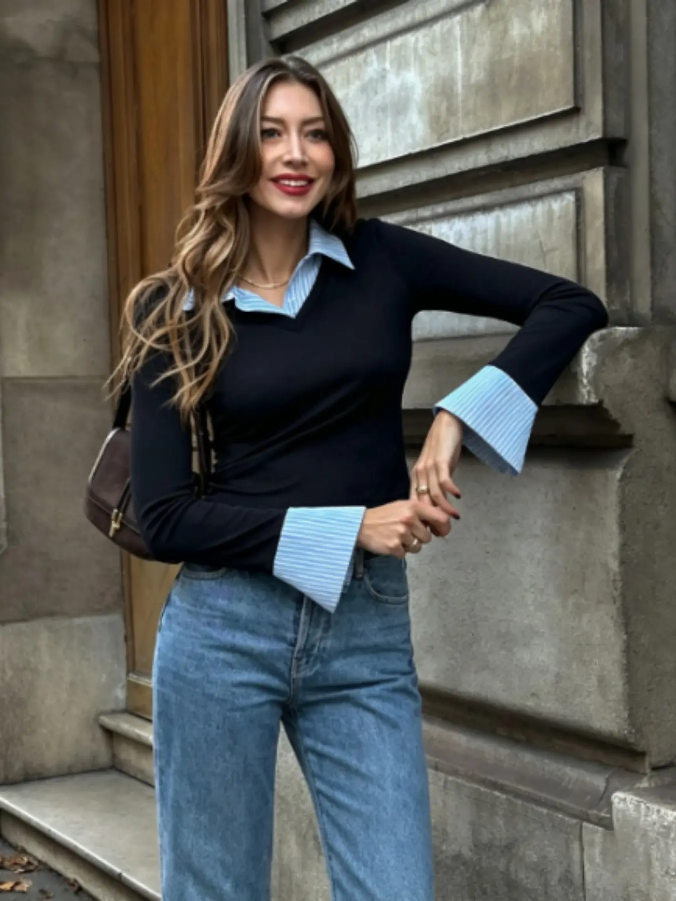 Women's Patchwork 2 in 1 Blouse, Button Up Shirt, Casual Fashion Collared Long Sleeve Top for Spring & Fall, Women's Clothing for Daily Wear, Blouses Shirts Tops
