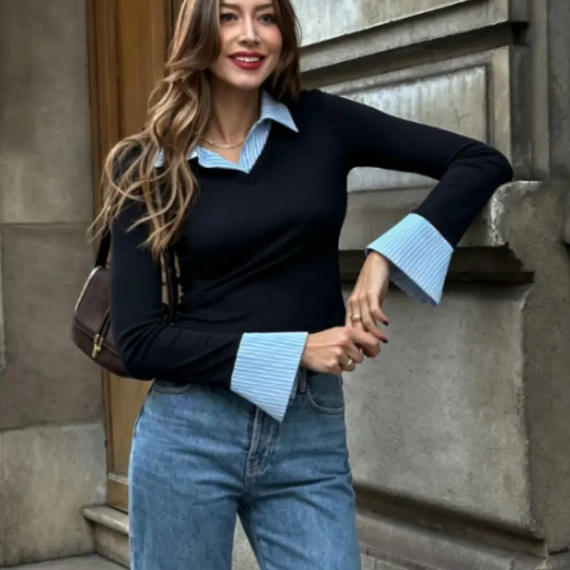 Women's Patchwork 2 in 1 Blouse, Button Up Shirt, Casual Fashion Collared Long Sleeve Top for Spring & Fall, Women's Clothing for Daily Wear, Blouses Shirts Tops