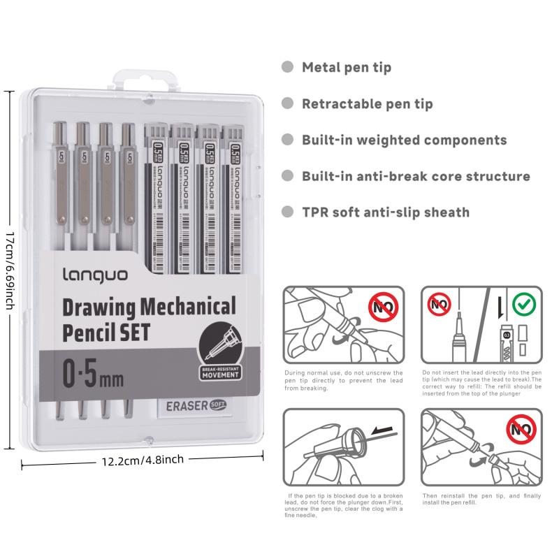 Metal Mechanical Pencil Set,Retractable pen tip,Anti-break core,4PCS Art Drafting Pencils0.3, 0.5, 0.7, 0.9MM with 80PCS Leads Refills 3PCS Erasers Case for Writing Sketching Drawing
