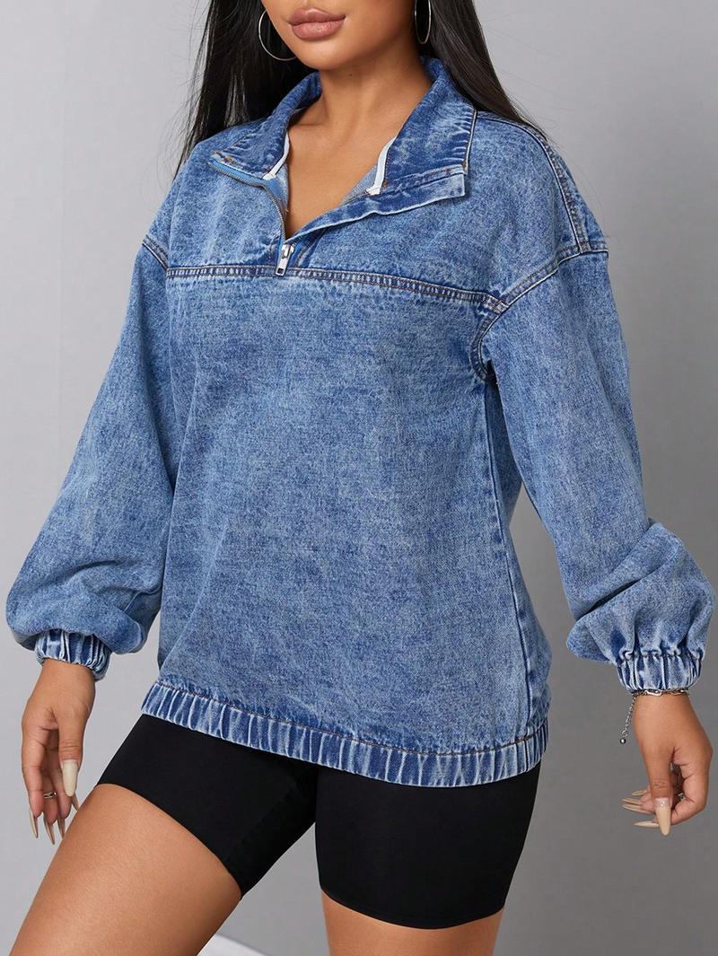 Women's Fall Winter Casual Loose-Fit Denim Jacket, Stand Collar Pullover Coat, Fashionable Plain Color Outerwear for Daily Wear