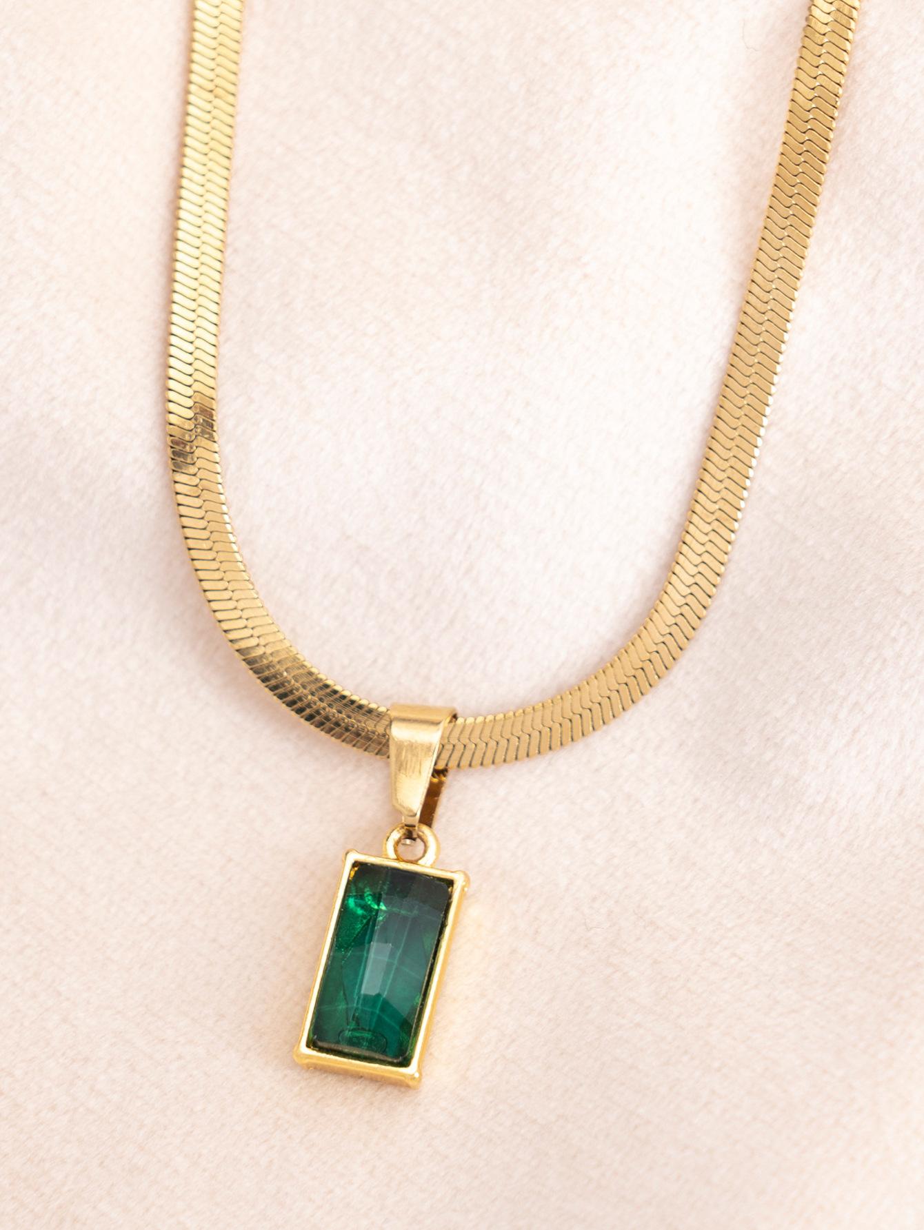 Unique Design Snake Chain Necklace Set, Geometric Luxury Emerald Stone Pendant, Elegant Jewelry Gift Idea, Perfect for Special Occasions