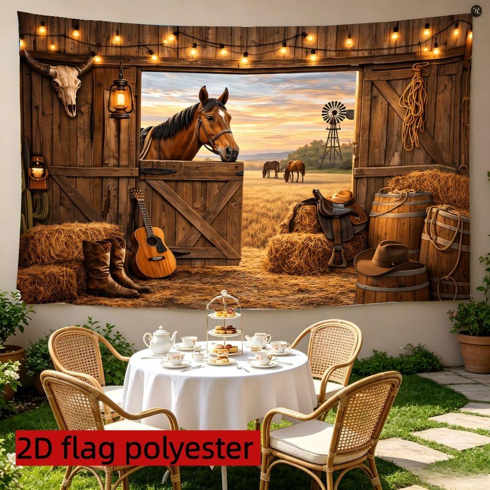 2D 1pc Western cowboy barn wall backdrop fabric, Decor, retro ranch, wooden barn door, sunset grassland, horse, cowboy boots, guitar and string light elements, suitable for western theme parties, multiple sizes available
