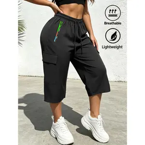 Women's Spring & Summer Solid Color Cargo Capri Pants, Elastic Drawstring Waist, Multi-Color Zipper Design, Large Capacity Pockets, Ideal for Outdoor Leisure, Sports and Daily Fashion Wear