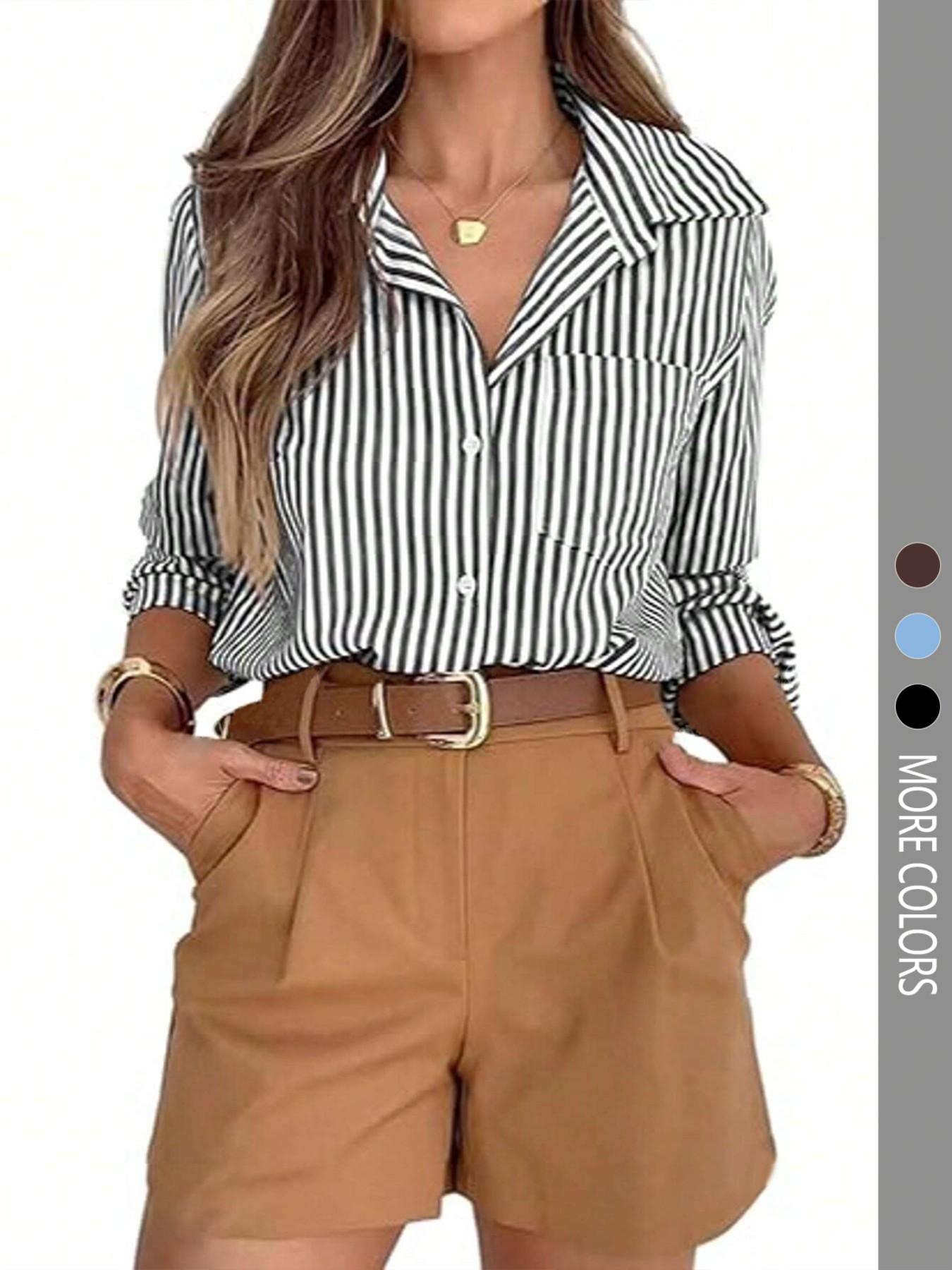 Women's Fashion Striped Long Sleeve Fitted Casual Shirt, All Seasons Wear, Daily Stylish Clothing, Comfortable and Versatile