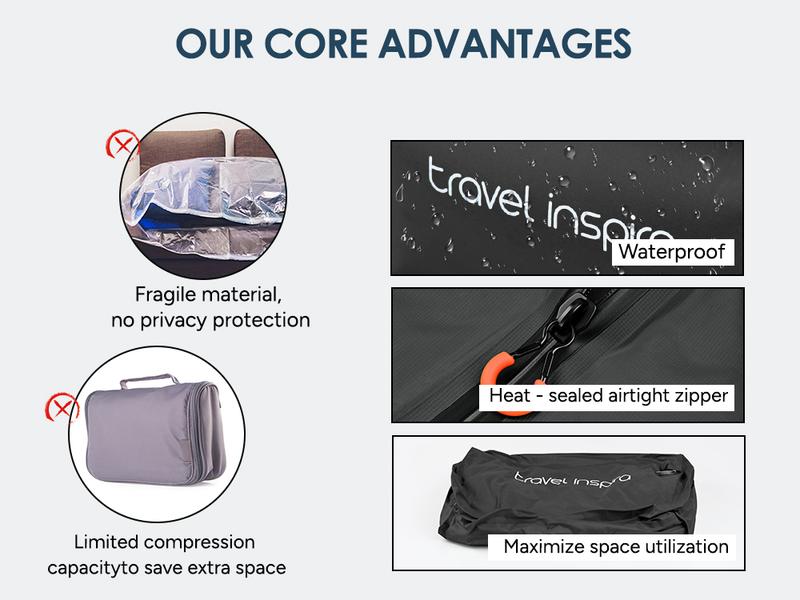 travel inspira Vacuum Bags with Pump - Ultra-Durable Nylon Space Saver Compression Solution for Suitcases & Backpacks, Reusable, Lightweight, IP67 Airtight Zipper Seal, Light Black 2 Bags Set, outdoor