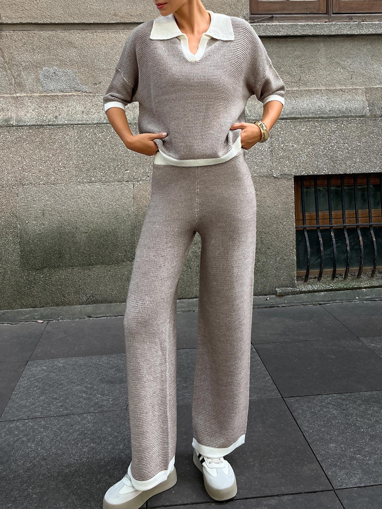 Women's Knit Outfit Set Autumn Winter Casual Elegant Loose Fashion Lapel Pullover Sweater Long Pants Two-Piece