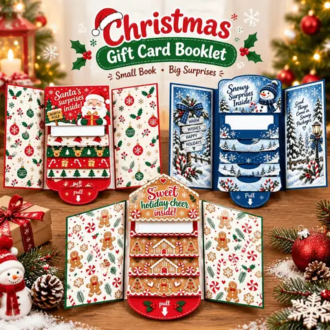 Handcrafted Waterfall Christmas Greeting Card Booklet - Unique Pull-Tab Interactive Holiday Card with 5 Pull-Down Panels - Gift Card Holder for Family & Friends (Red)