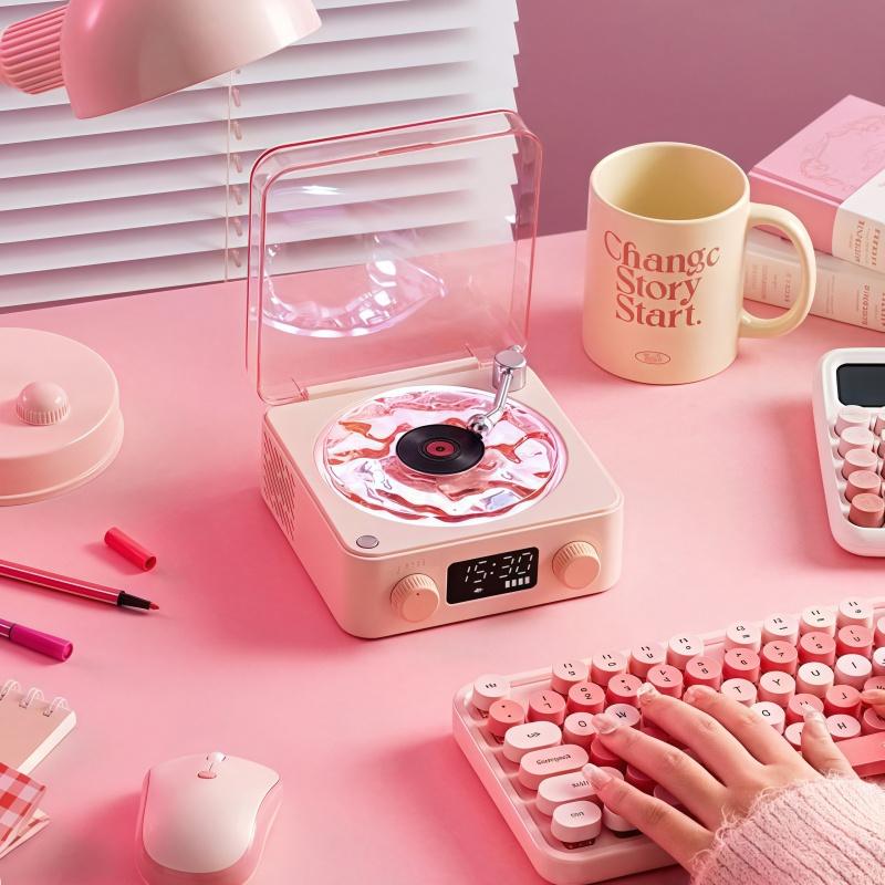 Wireless Retro Bluetooth-compatible Speaker, Rechargeable Vinyl Record Player with Alarm Clock & Ambient Light, Multifunctional Desktop Speaker for Home Office