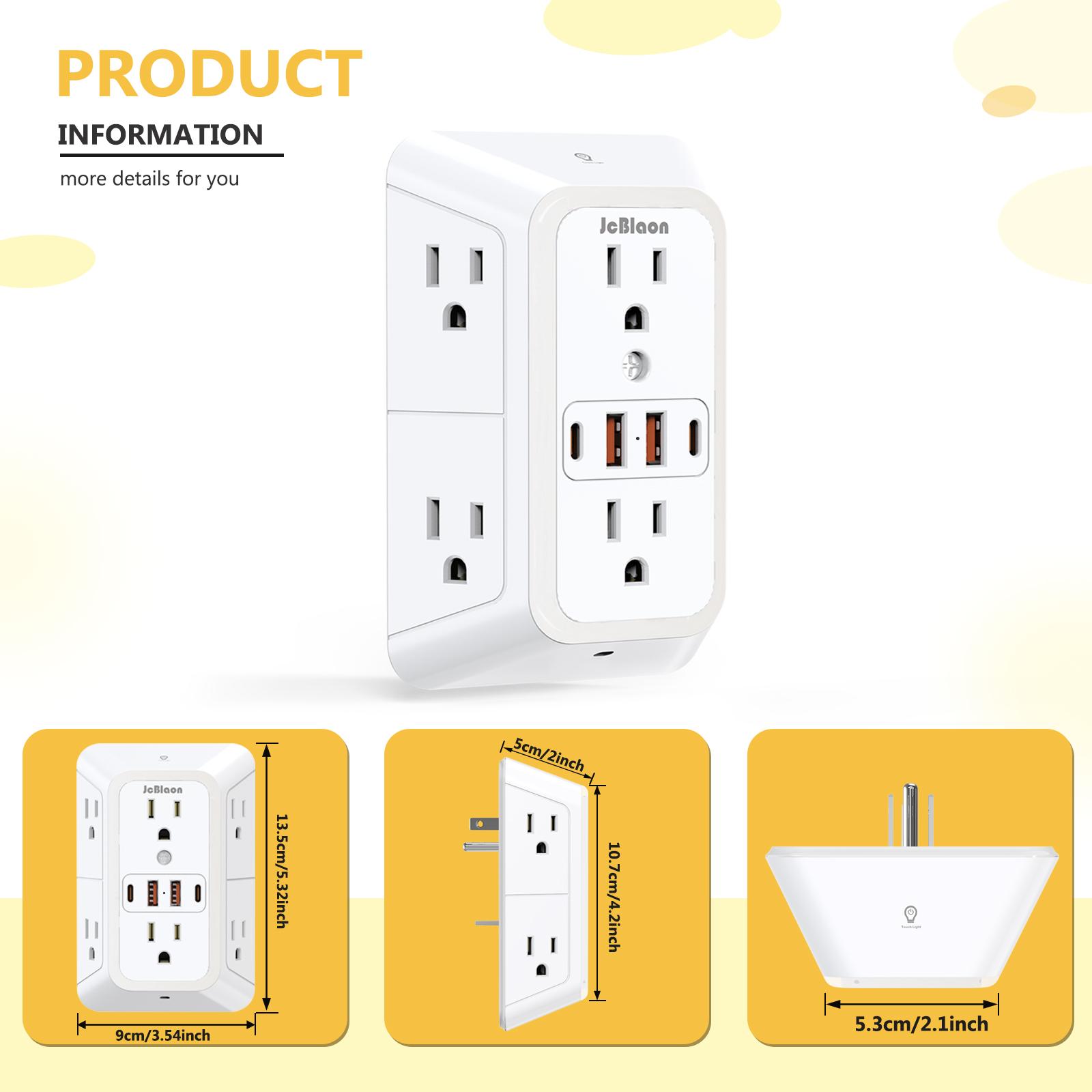 2 Pack Wall Outlet Extender with Night Light, 6 AC Outlets 4 USB Charging Ports , 1050J Surge Protector Power Strip, Multi Plug Outlet Adapter for Home, Travel, Office（Black and White）