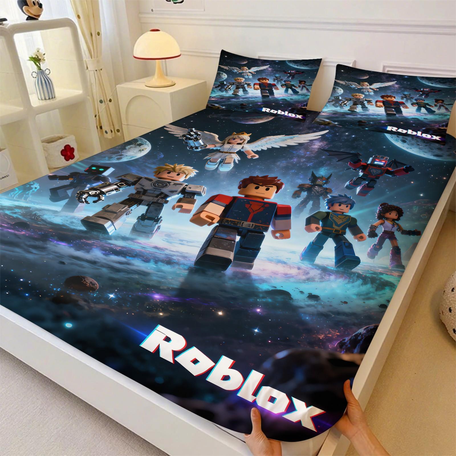 3-Piece Roblox Pattern Bedding Set, Includes 1 Fitted Sheet & 2 Pillowcases, Comfortable Durable Bed Linen, Non-Slip for Bedroom, Kids Gift, Soft Bedding Sets