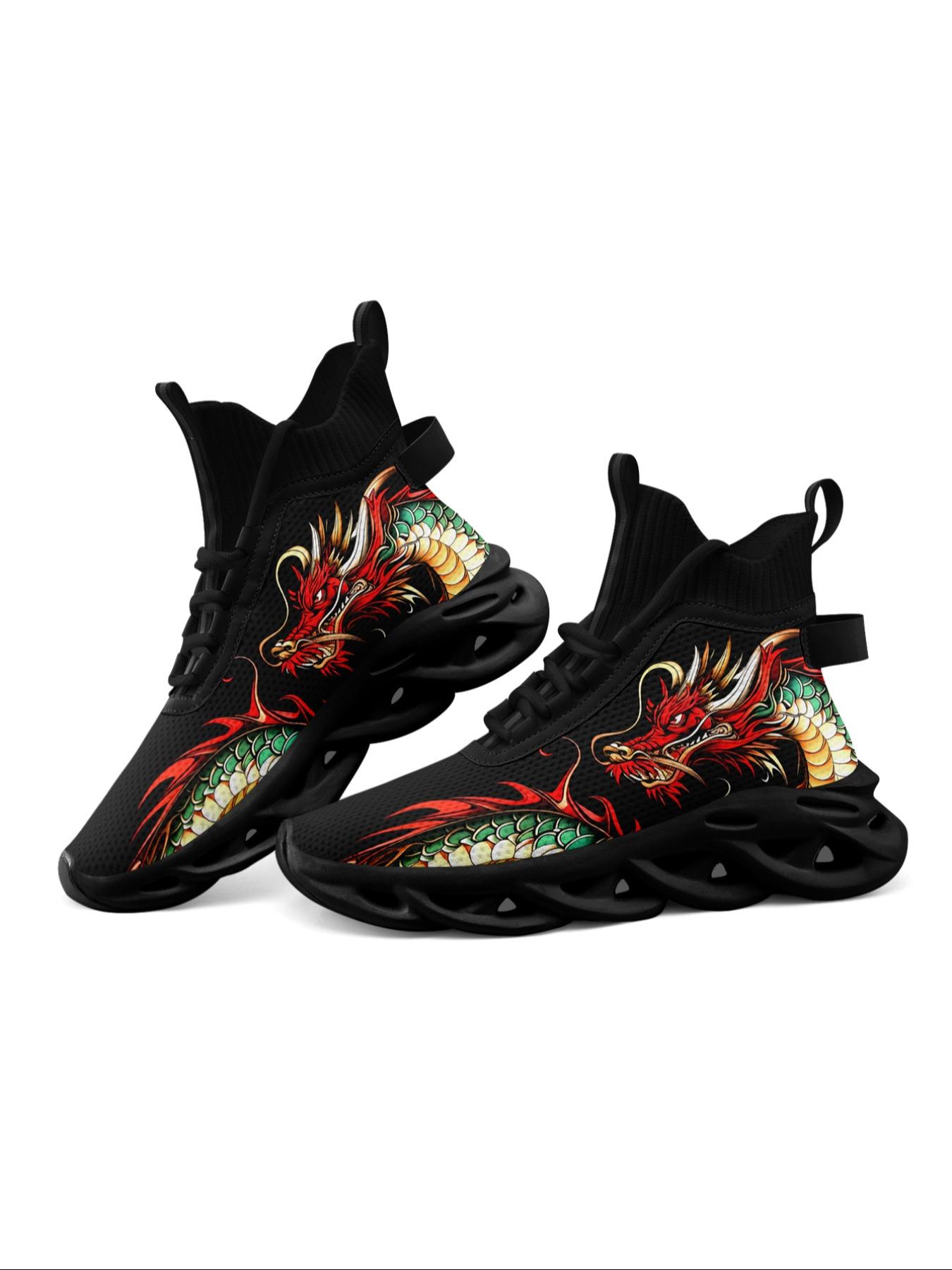 Men's Dragon Print Lace Up High Top Sneakers, Casual Sporty Breathable Comfortable Blade Soles Running Shoes, Male  Round Toe Sports Shoes for Daily Wear