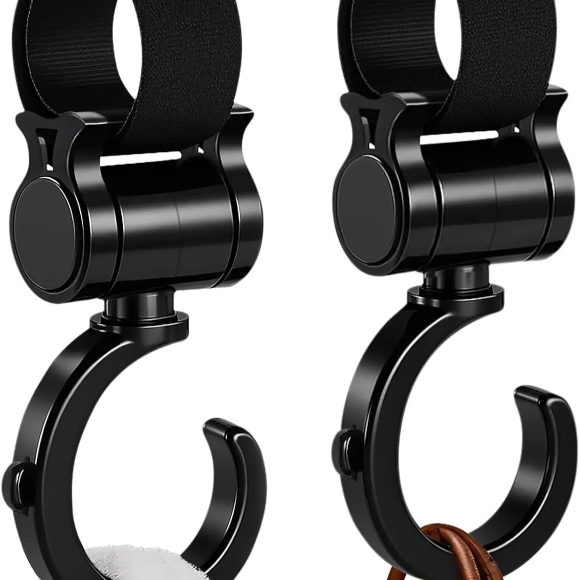 2 Pack Universal Walker Hooks, 360° Rotating Stroller Clips for Diaper Bags, Wheelchairs, Rollators, Walkers, Shopping Carts & Car Backseats – Heavy Duty Multi-Purpose Hooks, Black