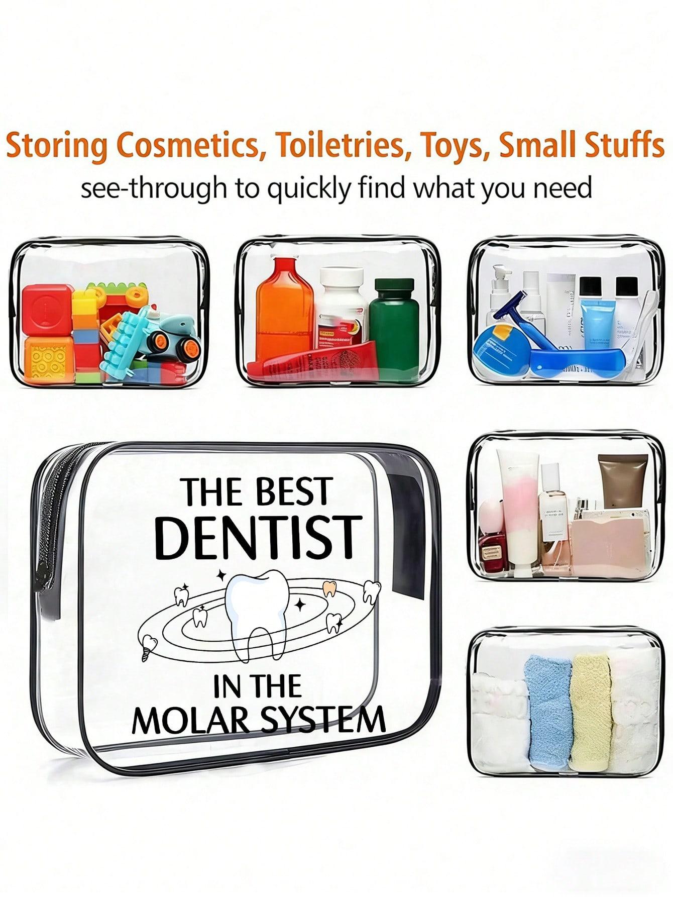Clear PVC cosmetic bag with fun "Galaxy's Best Dentist" print. Waterproof and portable with zipper. Ideal for dentists, dental students and oral care lovers for work, travel and beach use.