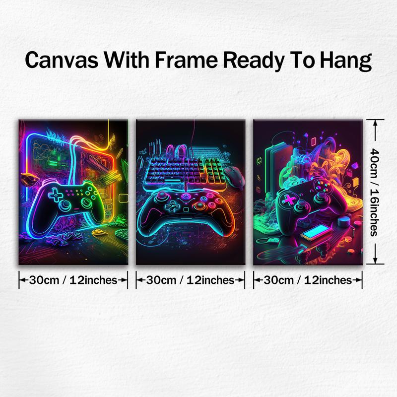 Modern Neon Gamepad Lightsaber Man Pattern Canvas Painting with Frame, 3 Counts/set Modern Wall Art Painting, Wall Art Decor for Home Living Room Bedroom Office